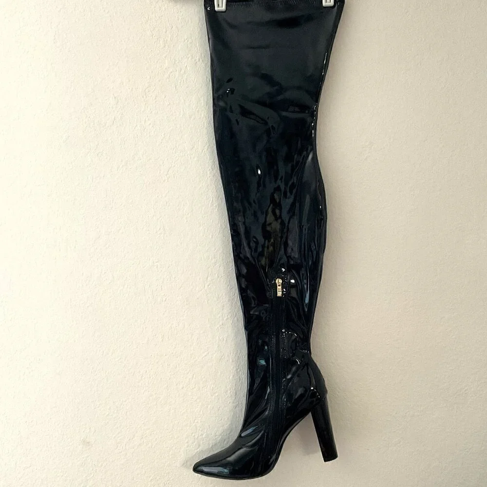 NEW WSKEISP Patent Leather Pu Chunky Block Heel Over The Knee Boots
